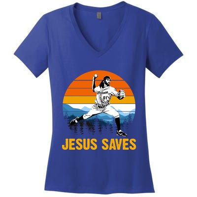 Jesus Saves Retro Baseball Pitcher Women's V-Neck T-Shirt