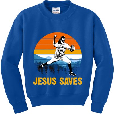 Jesus Saves Retro Baseball Pitcher Kids Sweatshirt