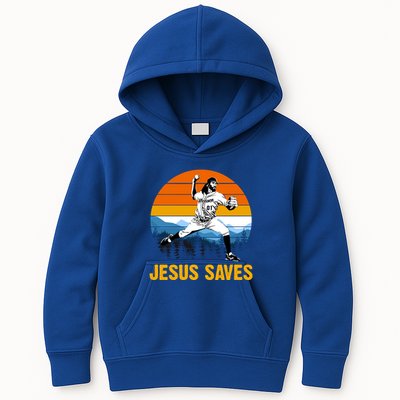 Jesus Saves Retro Baseball Pitcher Kids Hoodie