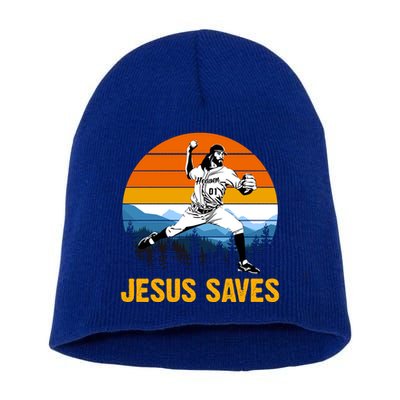Jesus Saves Retro Baseball Pitcher Short Acrylic Beanie
