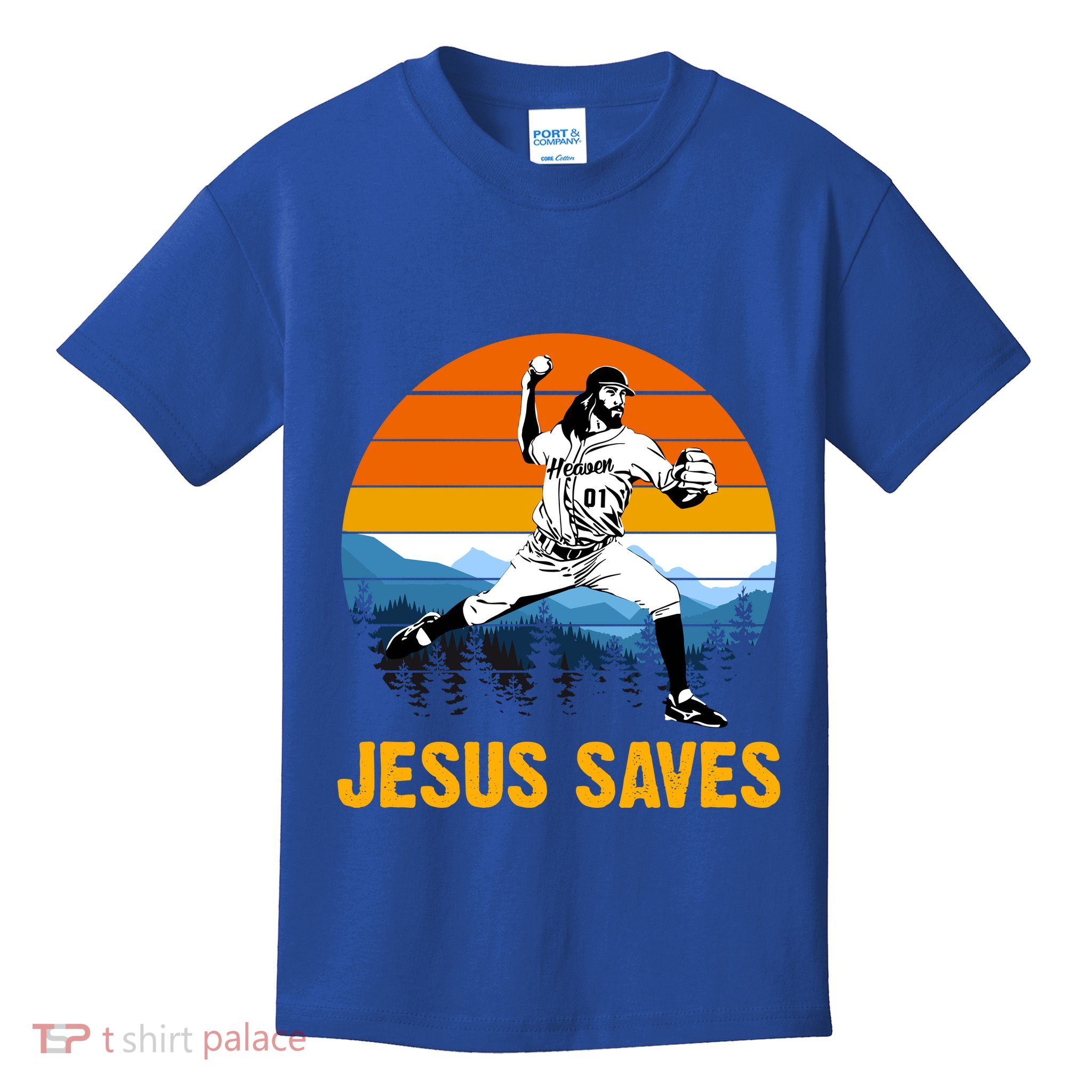 Jesus Saves Retro Baseball Pitcher Kids T-Shirt