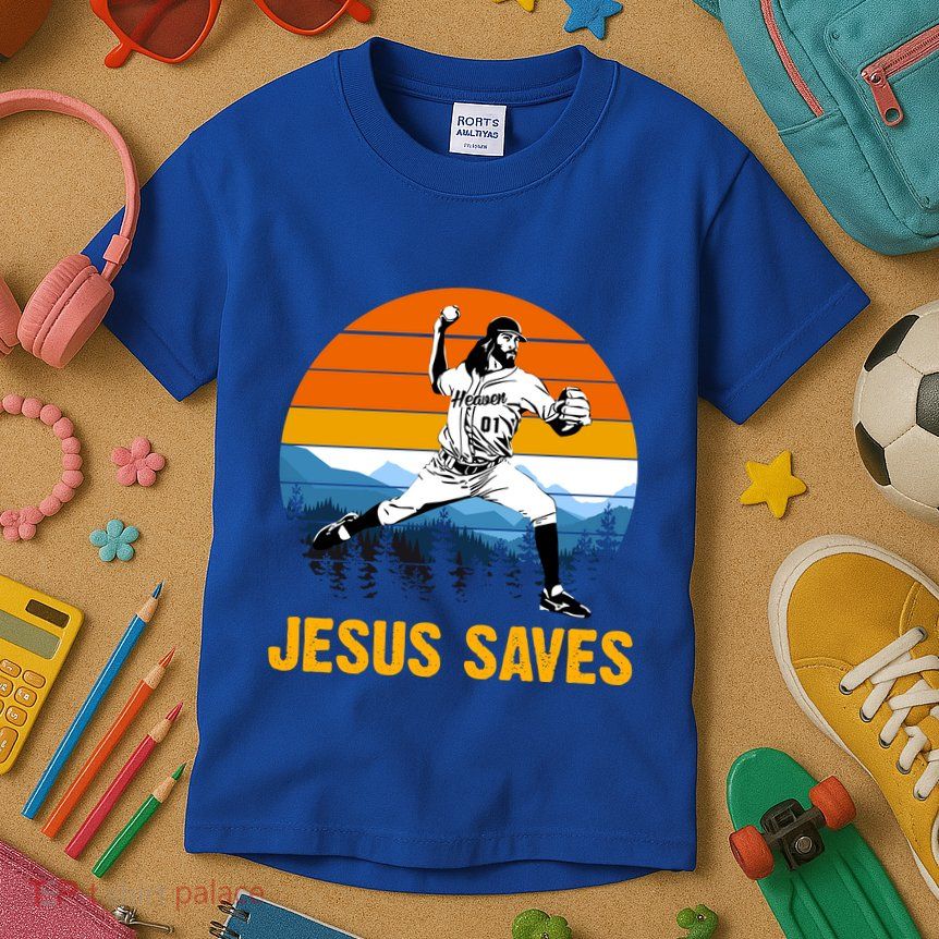Jesus Saves Retro Baseball Pitcher Kids T-Shirt