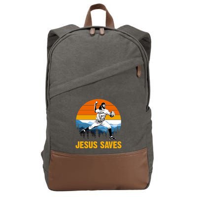 Jesus Saves Retro Baseball Pitcher Cotton Canvas Backpack