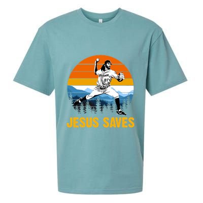 Jesus Saves Retro Baseball Pitcher Sueded Cloud Jersey T-Shirt