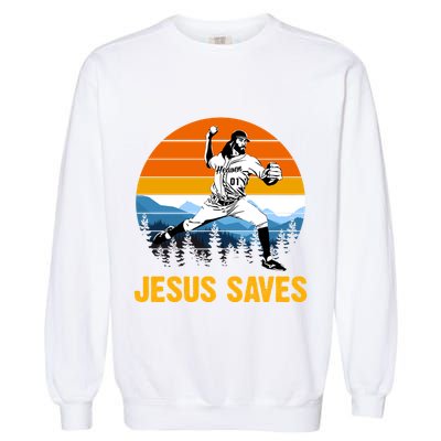 Jesus Saves Retro Baseball Pitcher Garment-Dyed Sweatshirt