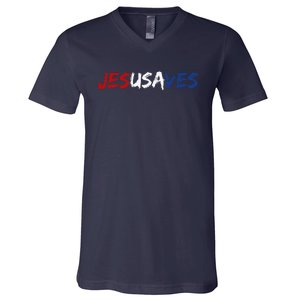 Jesus Saves Religious Patriotic USA Pride Gift V-Neck T-Shirt