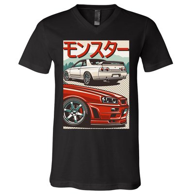 JDM Skyline R32 Car Tuning Japan Rising Sun Drift V-Neck T-Shirt