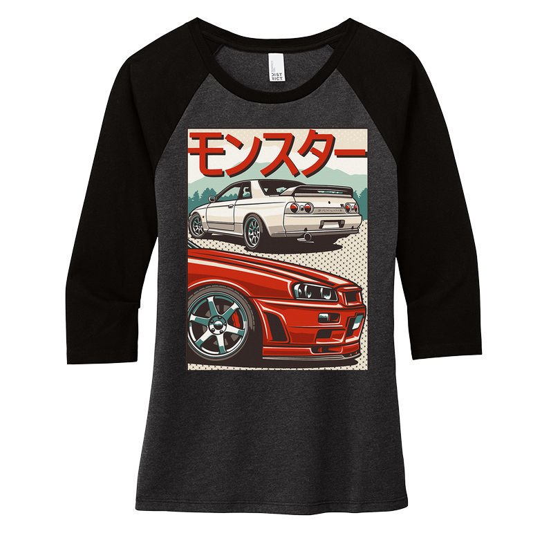 JDM Skyline R32 Car Tuning Japan Rising Sun Drift Women's Tri-Blend 3/4-Sleeve Raglan Shirt
