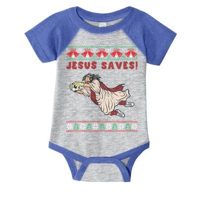 Jesus Saves Soccer Goal Keeper Ugly Christmas Sweater Gift Infant Baby Jersey Bodysuit