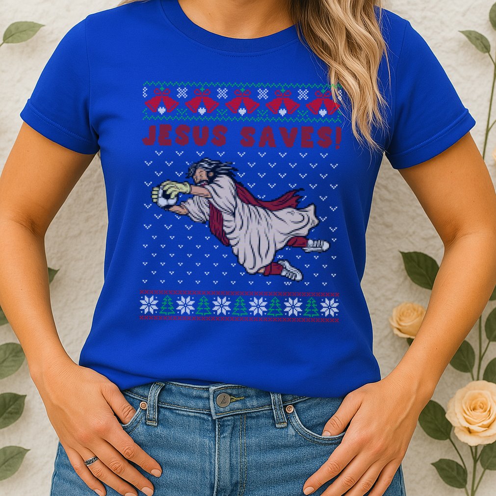 Jesus Saves Soccer Goal Keeper Ugly Christmas Sweater Gift Womens T-Shirt