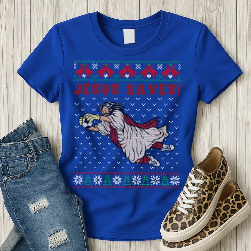 Jesus Saves Soccer Goal Keeper Ugly Christmas Sweater Gift Womens T-Shirt