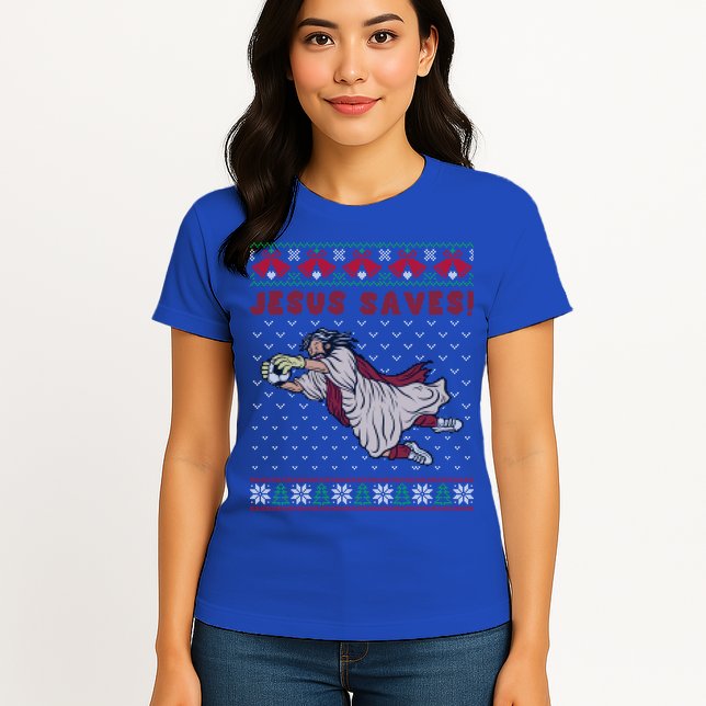 Jesus Saves Soccer Goal Keeper Ugly Christmas Sweater Gift Womens T-Shirt