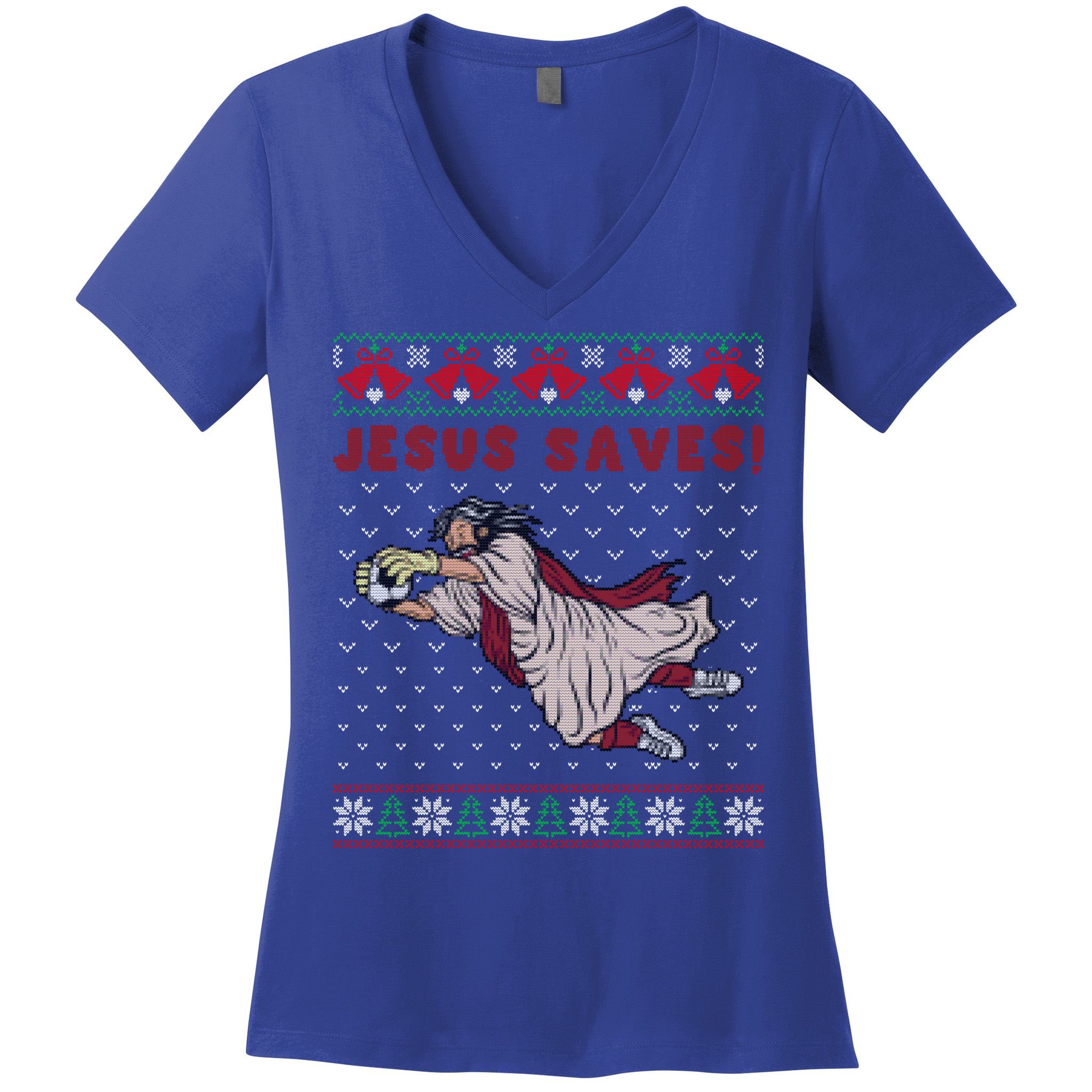 Jesus Saves Soccer Goal Keeper Ugly Christmas Sweater Gift Women's V-Neck T-Shirt