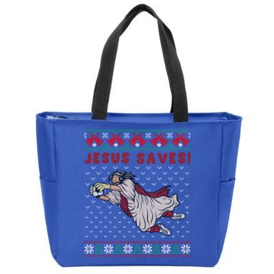 Jesus Saves Soccer Goal Keeper Ugly Christmas Sweater Gift Zip Tote Bag