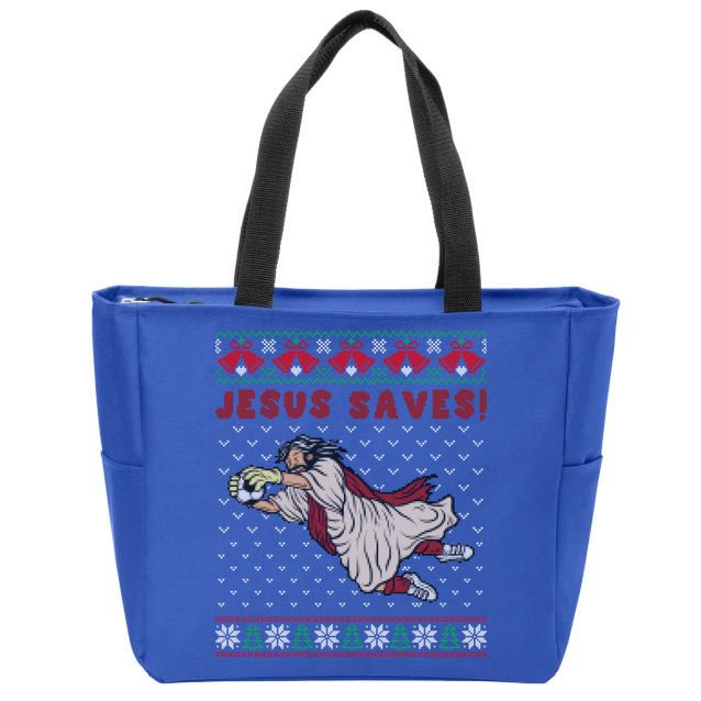 Jesus Saves Soccer Goal Keeper Ugly Christmas Sweater Gift Zip Tote Bag