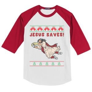 Jesus Saves Soccer Goal Keeper Ugly Christmas Sweater Gift Kids Colorblock Raglan Jersey