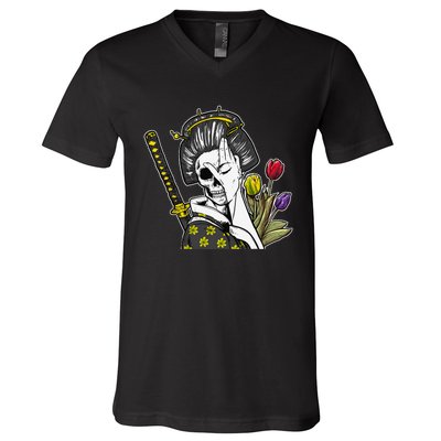 Japanese Skeleton Samurai Geisha V-Neck T-Shirt