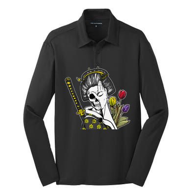 Japanese Skeleton Samurai Geisha Silk Touch Performance Long Sleeve Polo