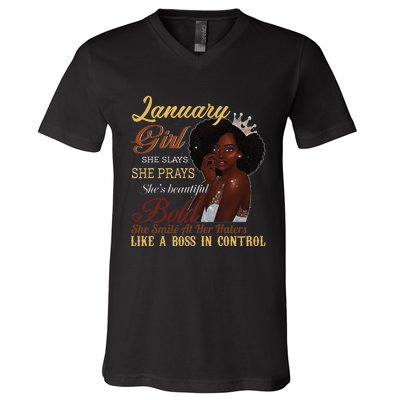 January She Slays She Prays Beautiful Birthday V-Neck T-Shirt