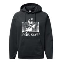 Jesus Saves Soccer Christmas Funny Football Goalie Christian Performance Fleece Hoodie