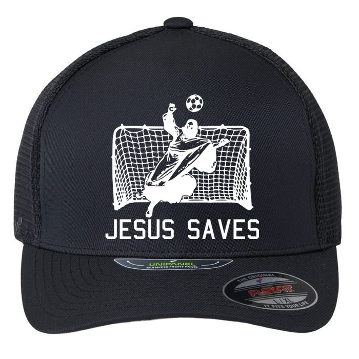 Jesus Saves Soccer Christmas Funny Football Goalie Christian Flexfit Unipanel Trucker Cap