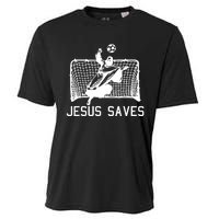 Jesus Saves Soccer Christmas Funny Football Goalie Christian Cooling Performance Crew T-Shirt