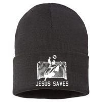 Jesus Saves Soccer Christmas Funny Football Goalie Christian Sustainable Knit Beanie