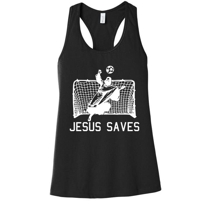 Jesus Saves Soccer Christmas Funny Football Goalie Christian Women's Racerback Tank