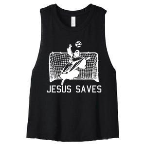 Jesus Saves Soccer Christmas Funny Football Goalie Christian Women's Racerback Cropped Tank