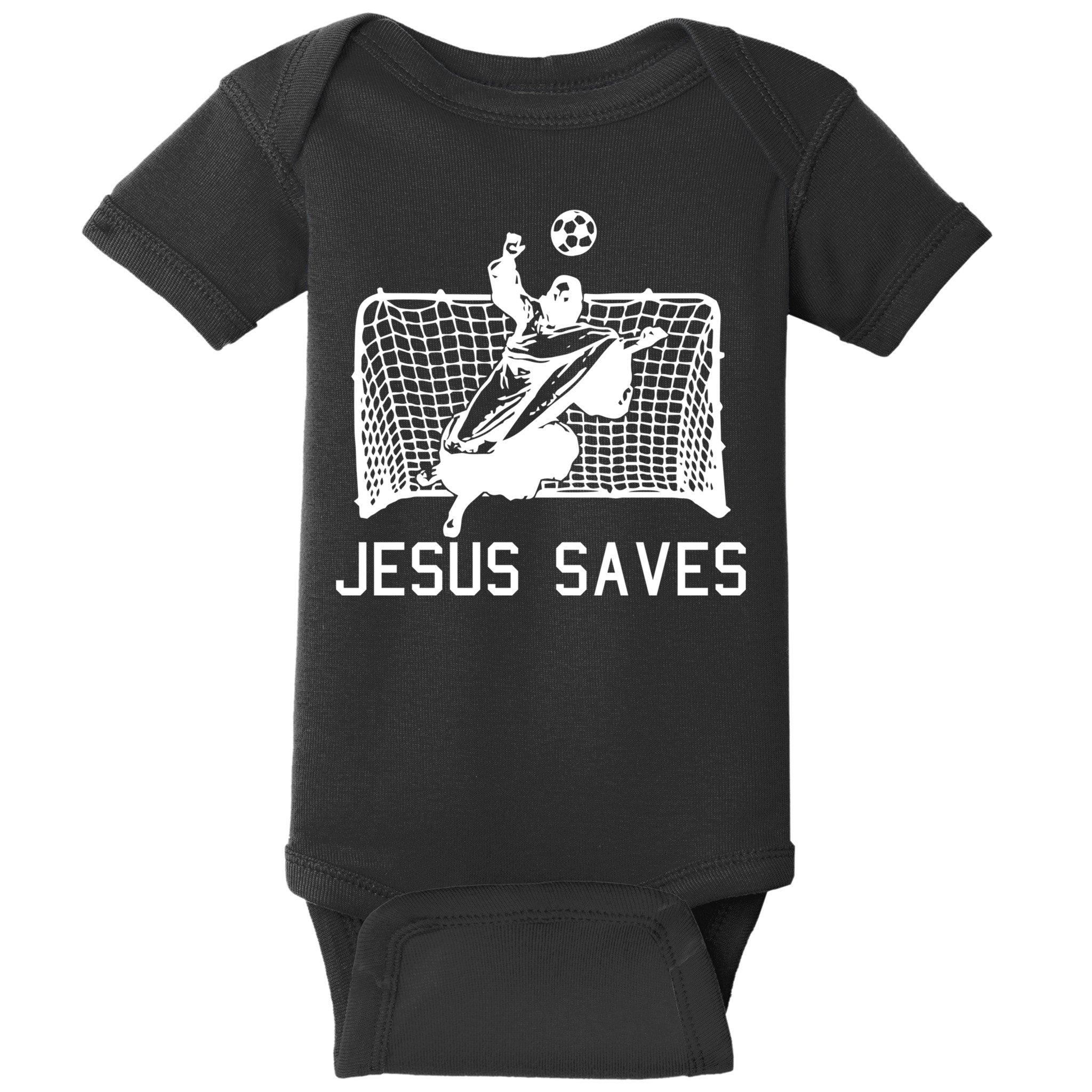 Jesus Saves Soccer Christmas Funny Football Goalie Christian Baby Bodysuit