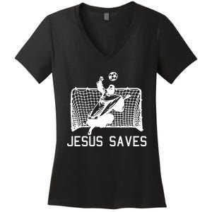 Jesus Saves Soccer Christmas Funny Football Goalie Christian Women's V-Neck T-Shirt