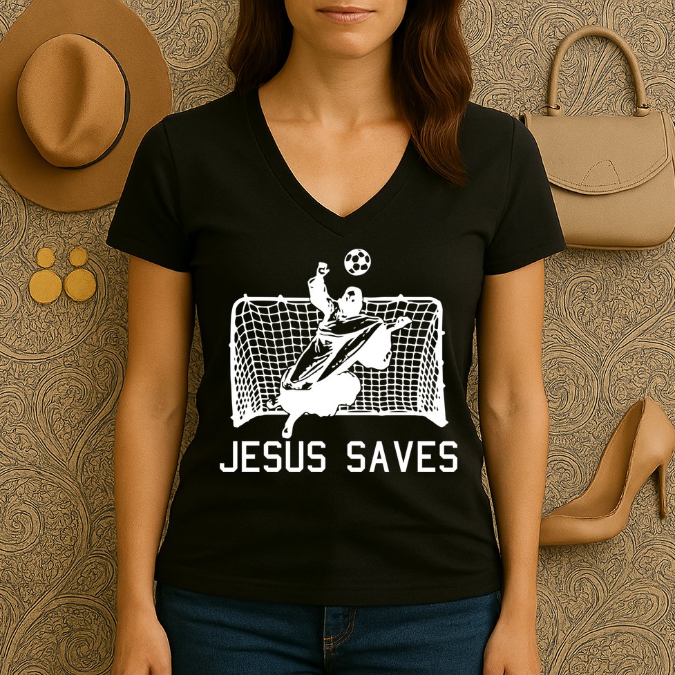 Jesus Saves Soccer Christmas Funny Football Goalie Christian Women's V-Neck T-Shirt