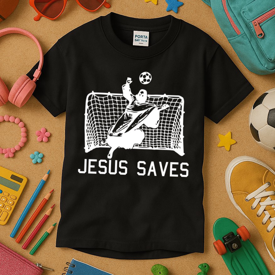 Jesus Saves Soccer Christmas Funny Football Goalie Christian Kids T-Shirt