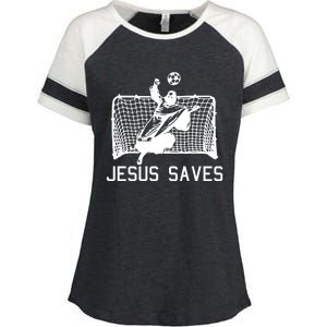 Jesus Saves Soccer Christmas Funny Football Goalie Christian Enza Ladies Jersey Colorblock Tee