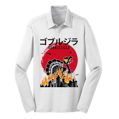 Japanese Style Turkey Day Thanksgiving Gobblezilla Silk Touch Performance Long Sleeve Polo