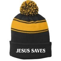 Jesus Saves Theres Power In The Name Of Jesus Acts 4:12 Front And Back Stripe Pom Pom Beanie