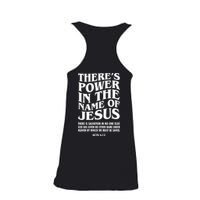Jesus Saves Theres Power In The Name Of Jesus Acts 4:12 Front And Back Ladies Essential Flowy Tank