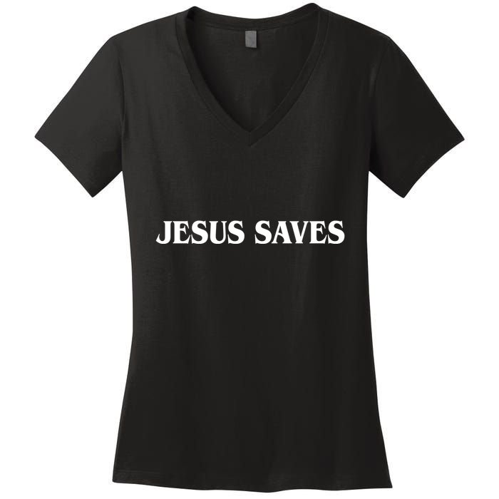 Jesus Saves Theres Power In The Name Of Jesus Acts 4:12 Front And Back Women's V-Neck T-Shirt