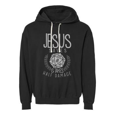 Jesus Saves & Takes Half Damage Funny. Dice Garment-Dyed Fleece Hoodie