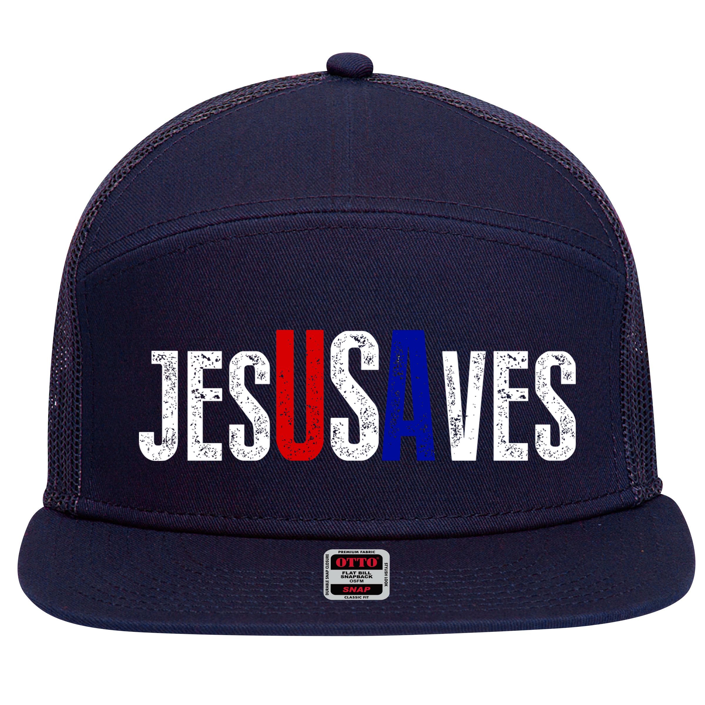 Jesus Saves USA  7 Panel Mesh Trucker Snapback Hat