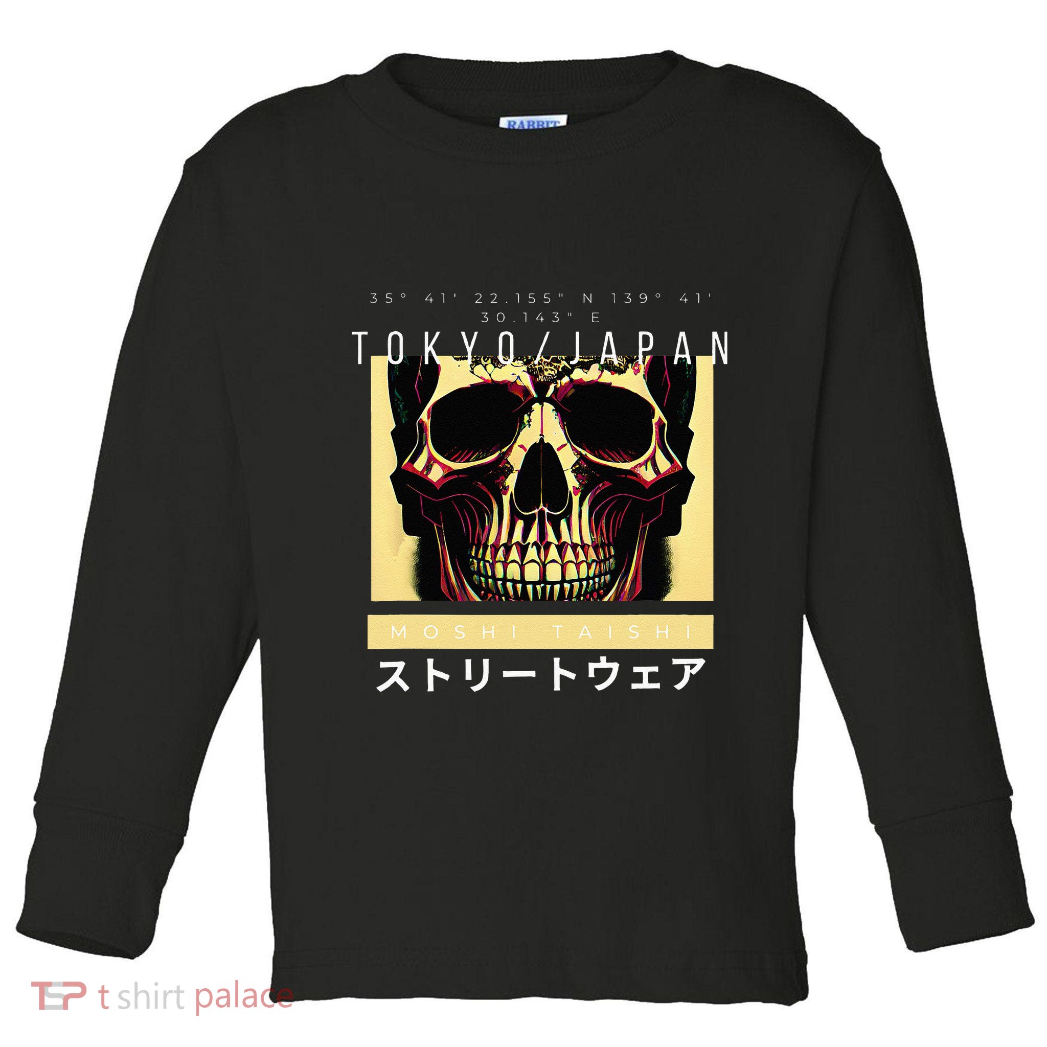 Japanese Streetwear Vaporwave Otaku Aesthetic Glitch Skull Toddler Long Sleeve Shirt