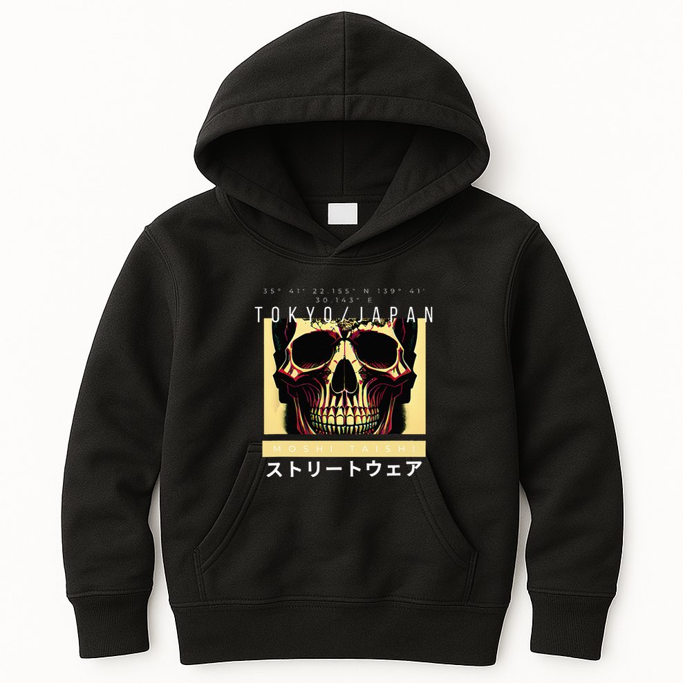 Japanese Streetwear Vaporwave Otaku Aesthetic Glitch Skull Kids Hoodie
