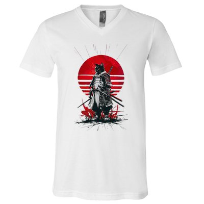 Japanese Samurai Warrior Cat Aesthetic Ninja V-Neck T-Shirt