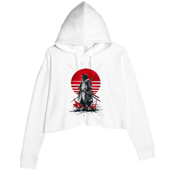 Japanese Samurai Warrior Cat Aesthetic Ninja Crop Fleece Hoodie