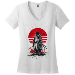 Japanese Samurai Warrior Cat Aesthetic Ninja Women's V-Neck T-Shirt