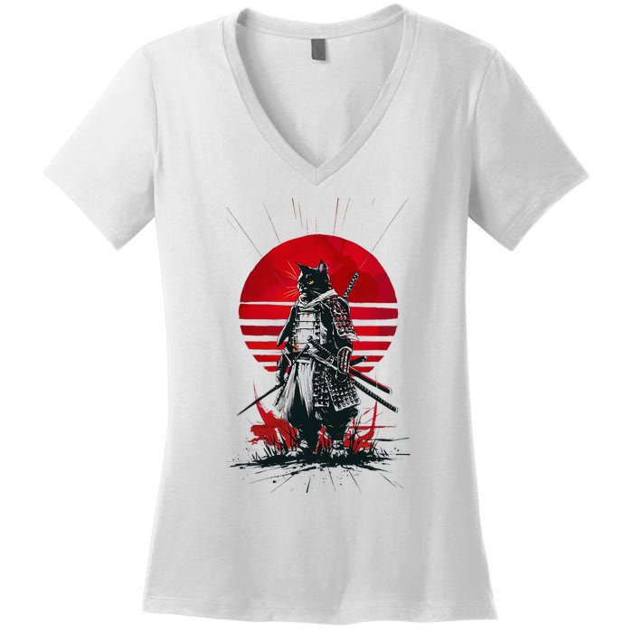 Japanese Samurai Warrior Cat Aesthetic Ninja Women's V-Neck T-Shirt