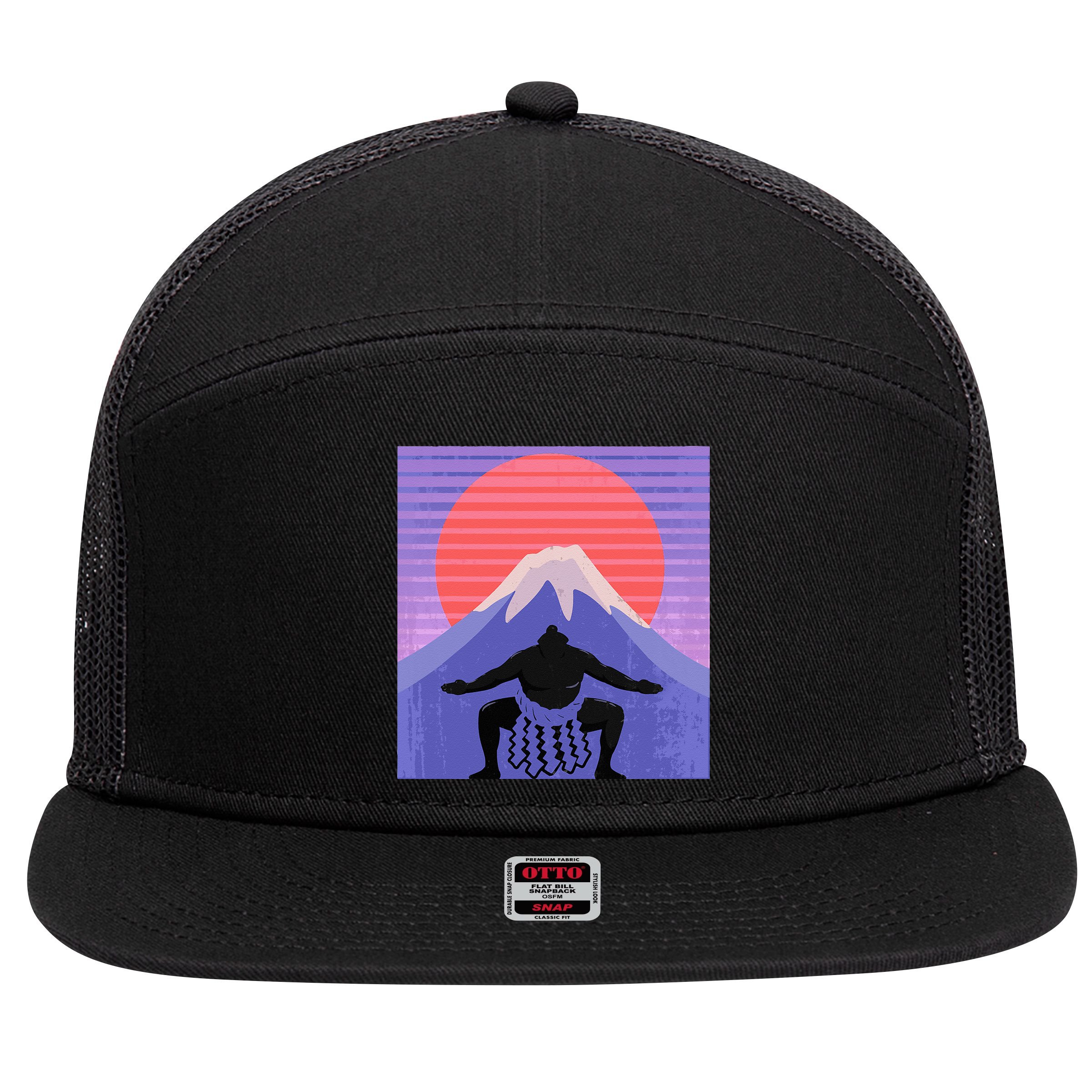 Japanese Sumo Wrestler In Mawashi Japan Mt. Fuji Aesthetic 7 Panel Mesh Trucker Snapback Hat