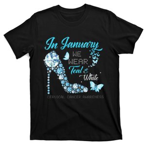 January teal and white High Heel Cervical Cancer Awareness T-Shirt