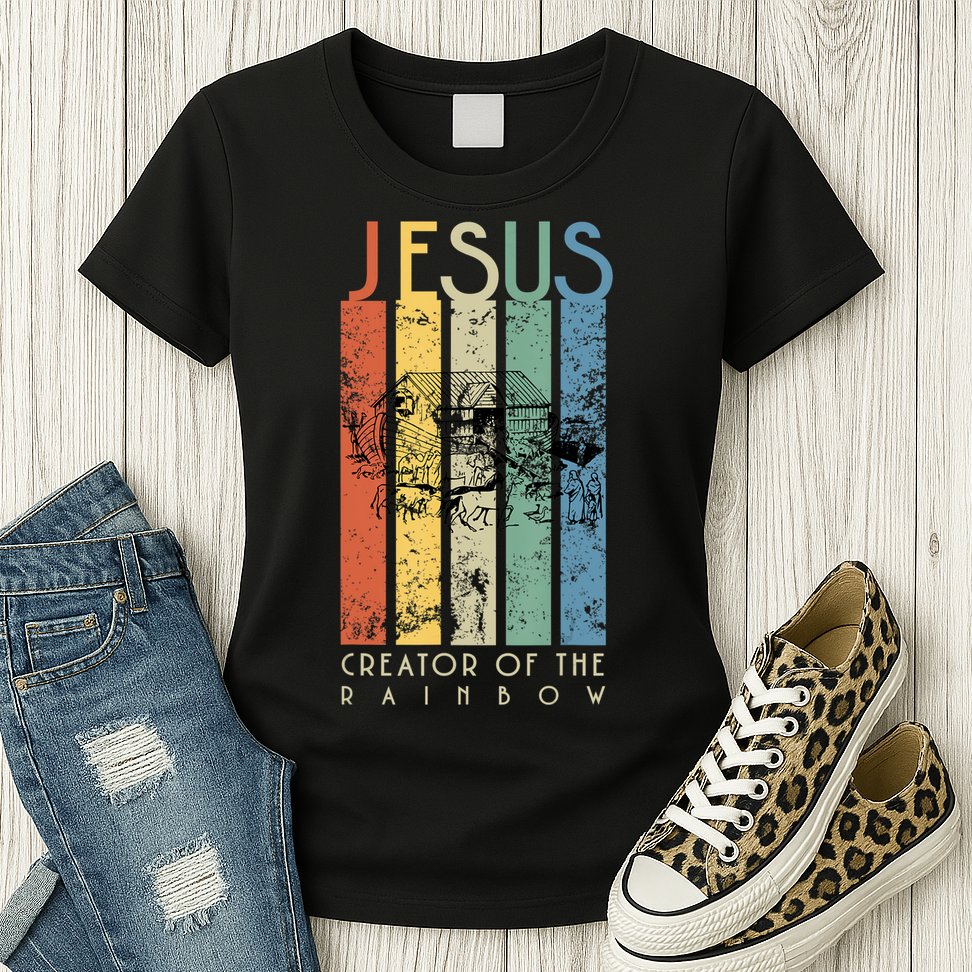 Jesus The Creator Of The Rainbow (Noah And The Ark) Womens T-Shirt