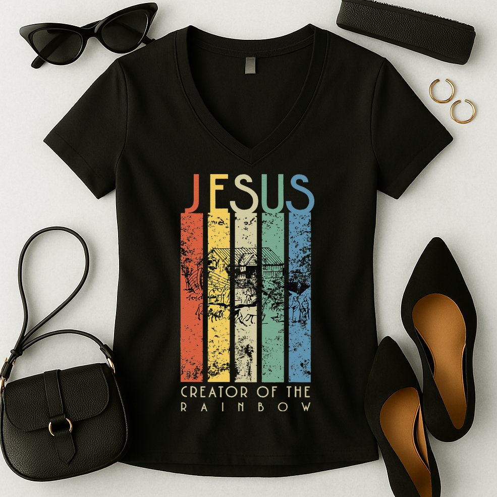 JESUS The Creator Of The Rainbow (Noah And The Ark) Women's V-Neck T-Shirt